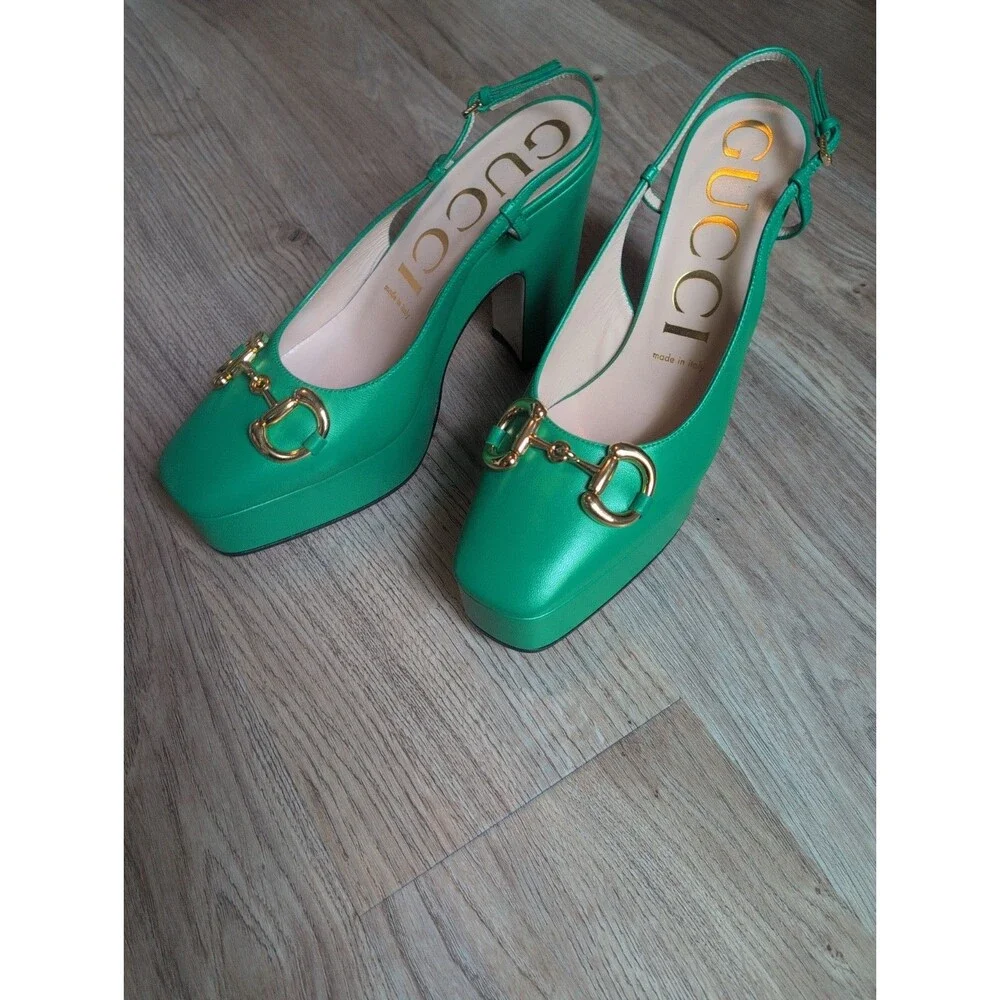 Gucci Charlotte Horsebit Platform Slingback Heels green Women's Eu 38 $1390